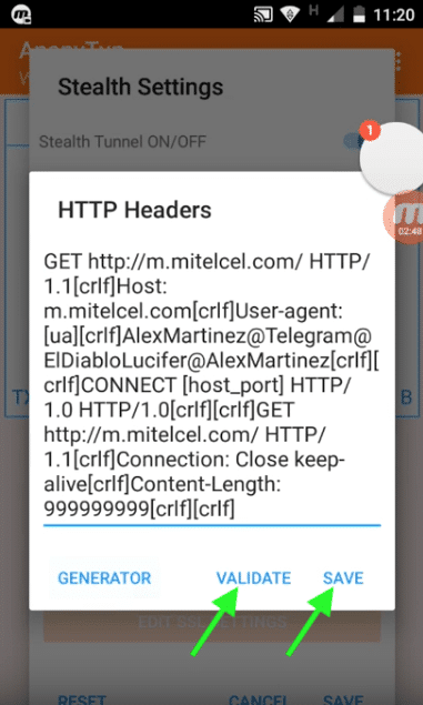 validar payload configuraciones telcel anonytun